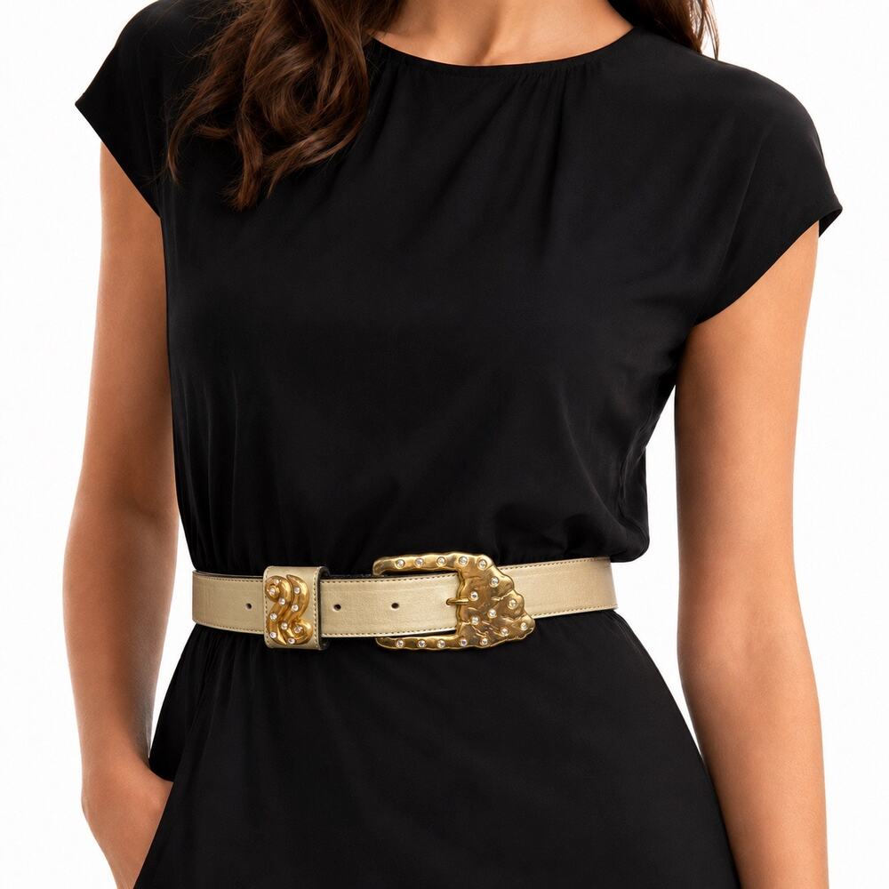 Vintage Gold Leather Rhinestone Buckle Statement Belt Marcella Romaya